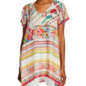 Johnny Was Tulum Short-Sleeve Georgette Tunic w/ Scallop Trim